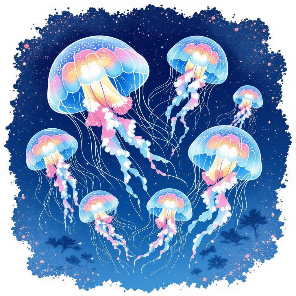 Vibrant Jellyfish in Starry Night Fabric Art