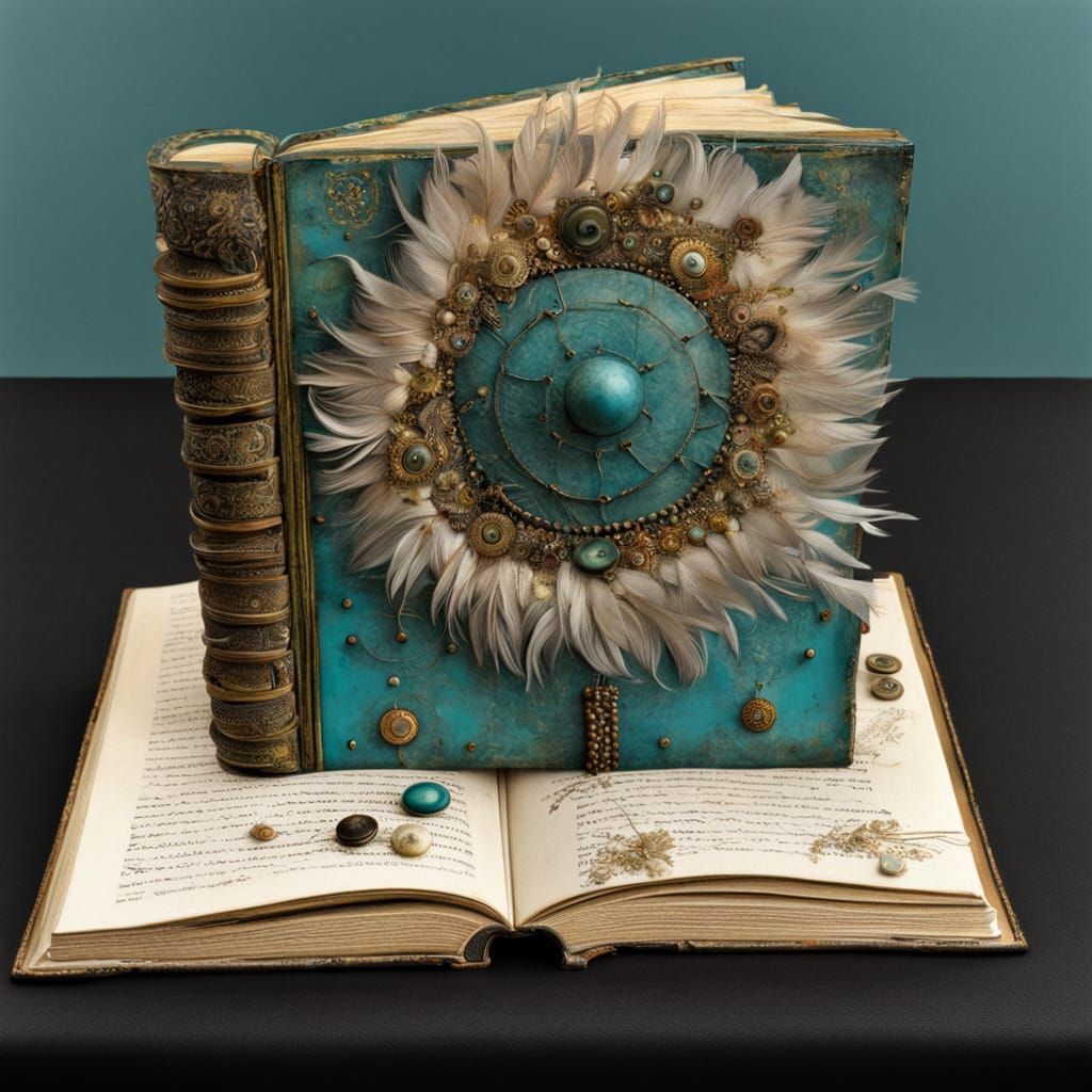 Feather and Button Book in Surrealist Style