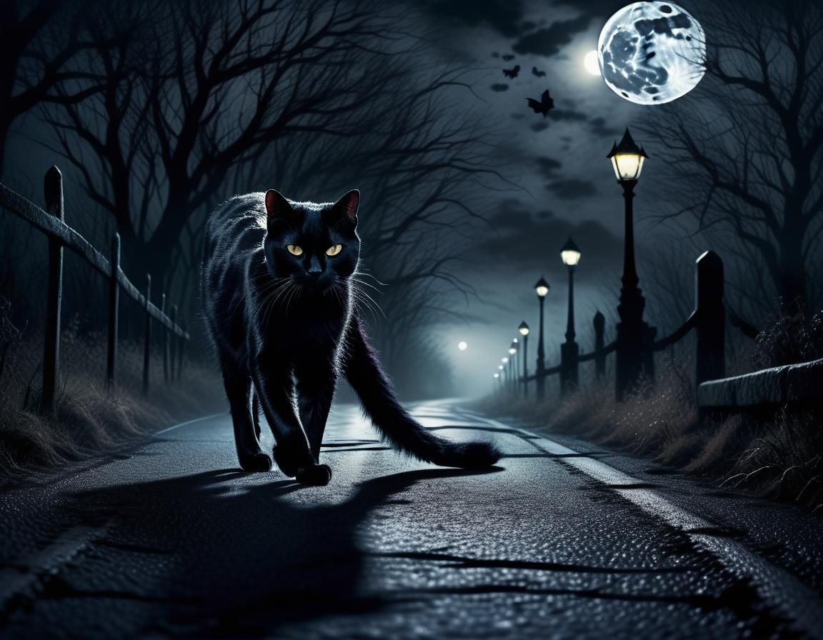 Mysterious Black Cat Crossing Road in Gothic Art