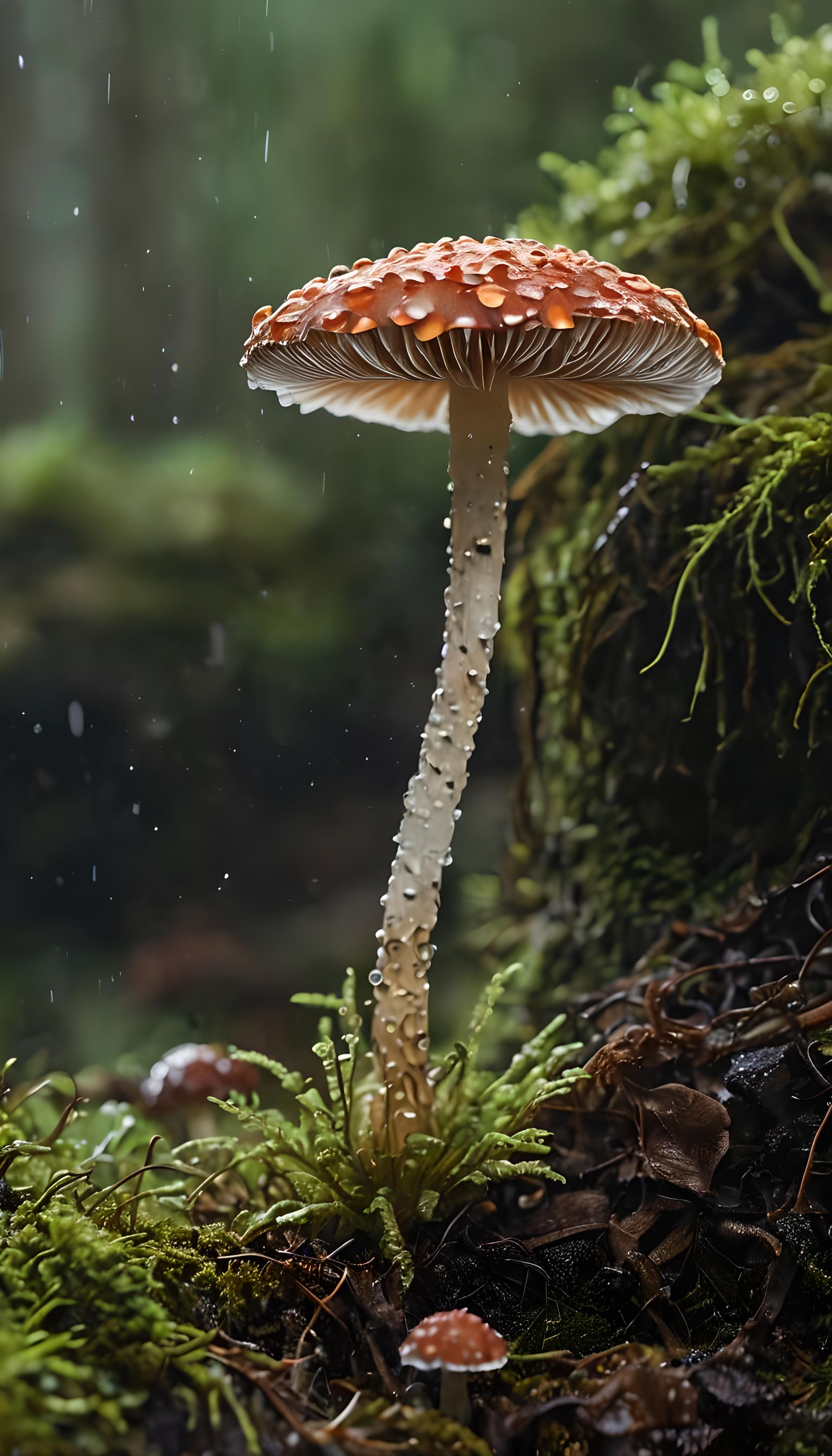 Crystal Mushroom in Damp Forest, Holographic Illustration