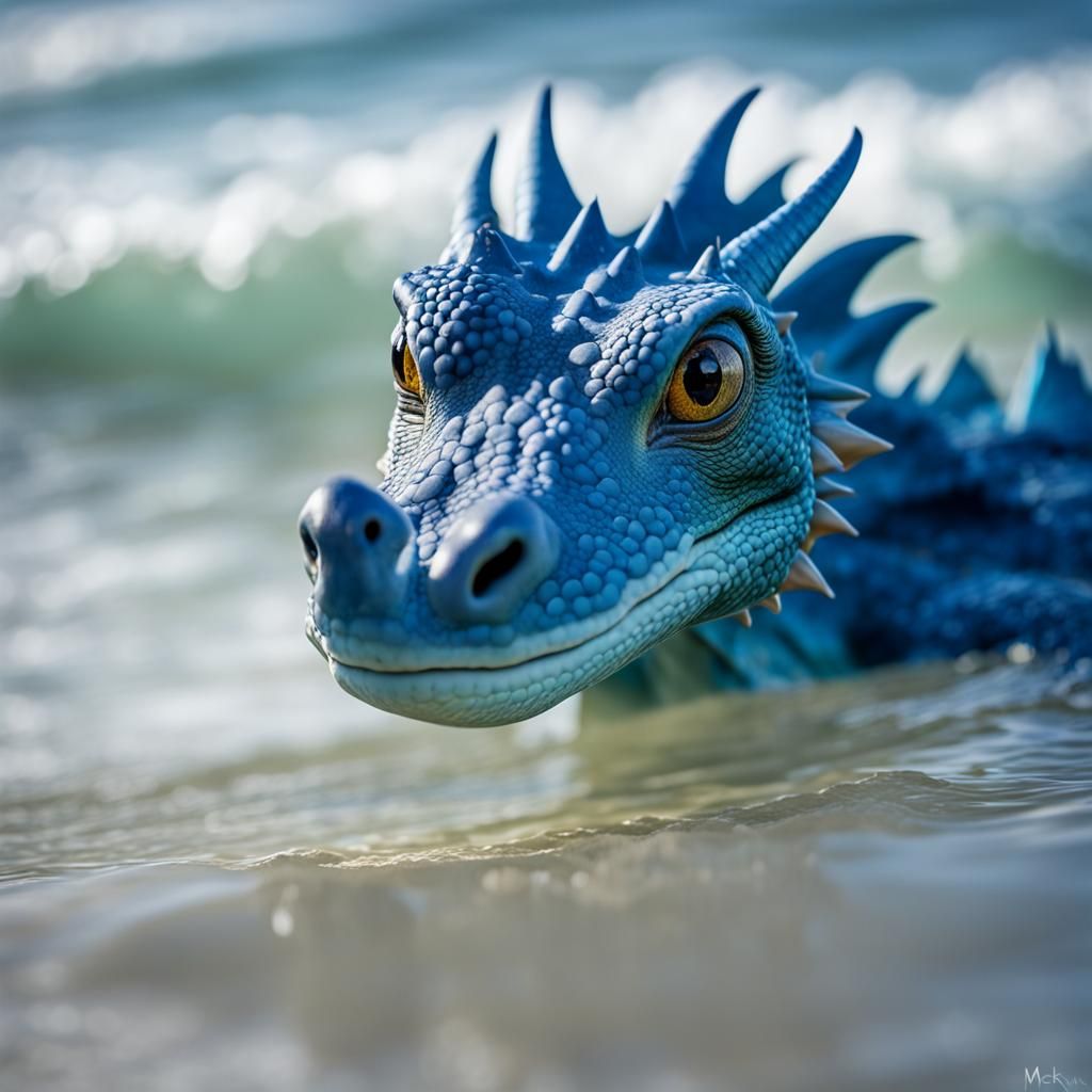 Blue Dragon Pet Plays in Tropical Surf Portrait