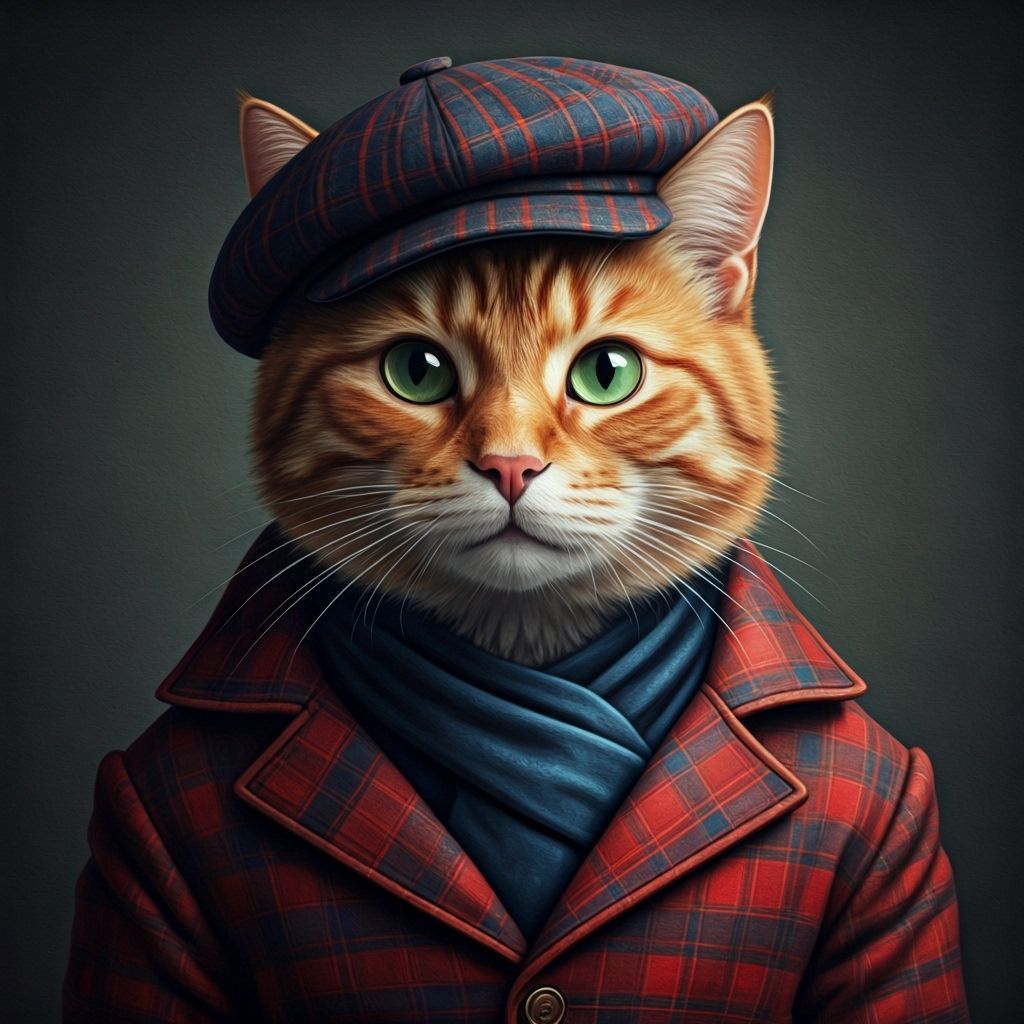 Charming Cat in Plaid: An Enchanting Oil Painting
