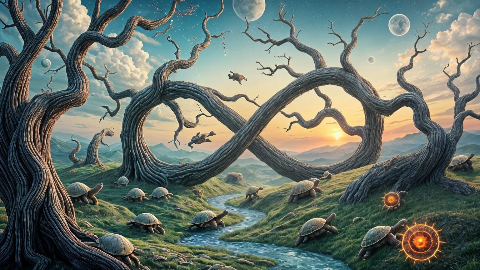 Surreal Infinity Landscape with Twisted Trees and Turtles