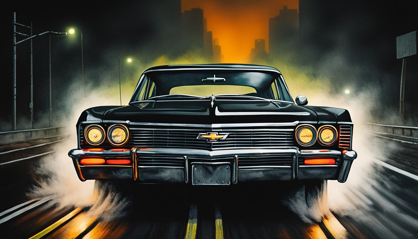 Black 67' Chevy Impala on Dark Highway, Graffiti Art