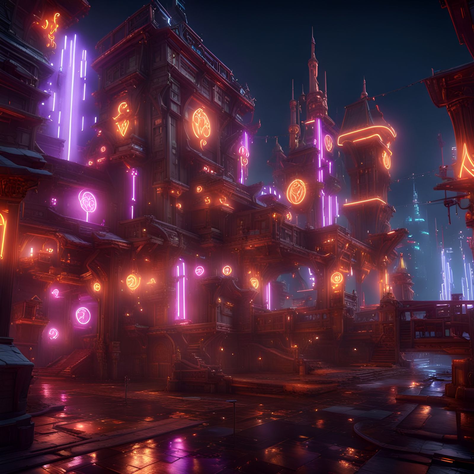 fantasy city, neon