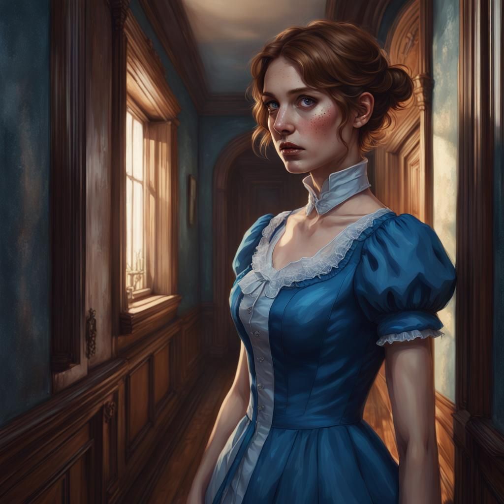 Victorian Woman Exploring Sinister House, Digital Art