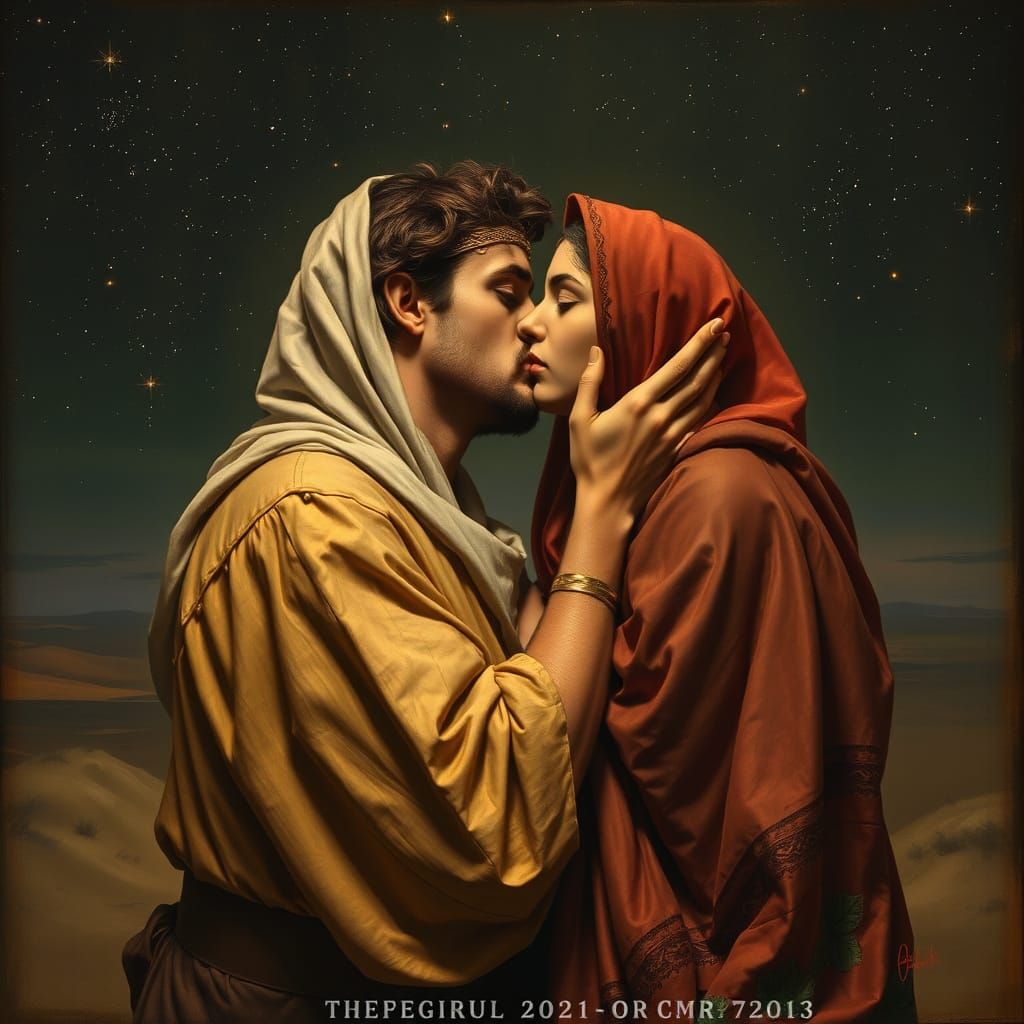 Biblical Embrace: Jacob and Bilhah Under Starlit Sky