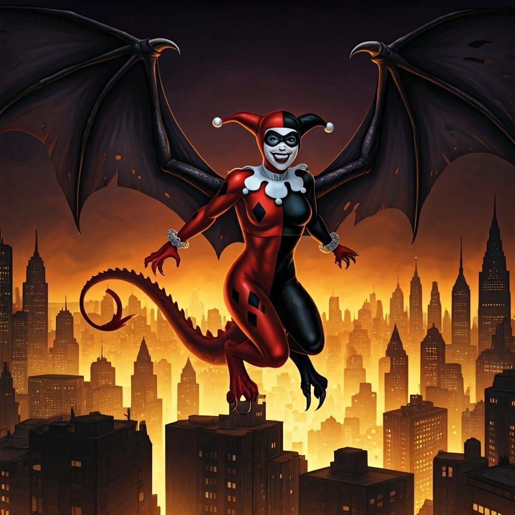 Harley Quinn Dragon Hybrid Soaring Above Gotham