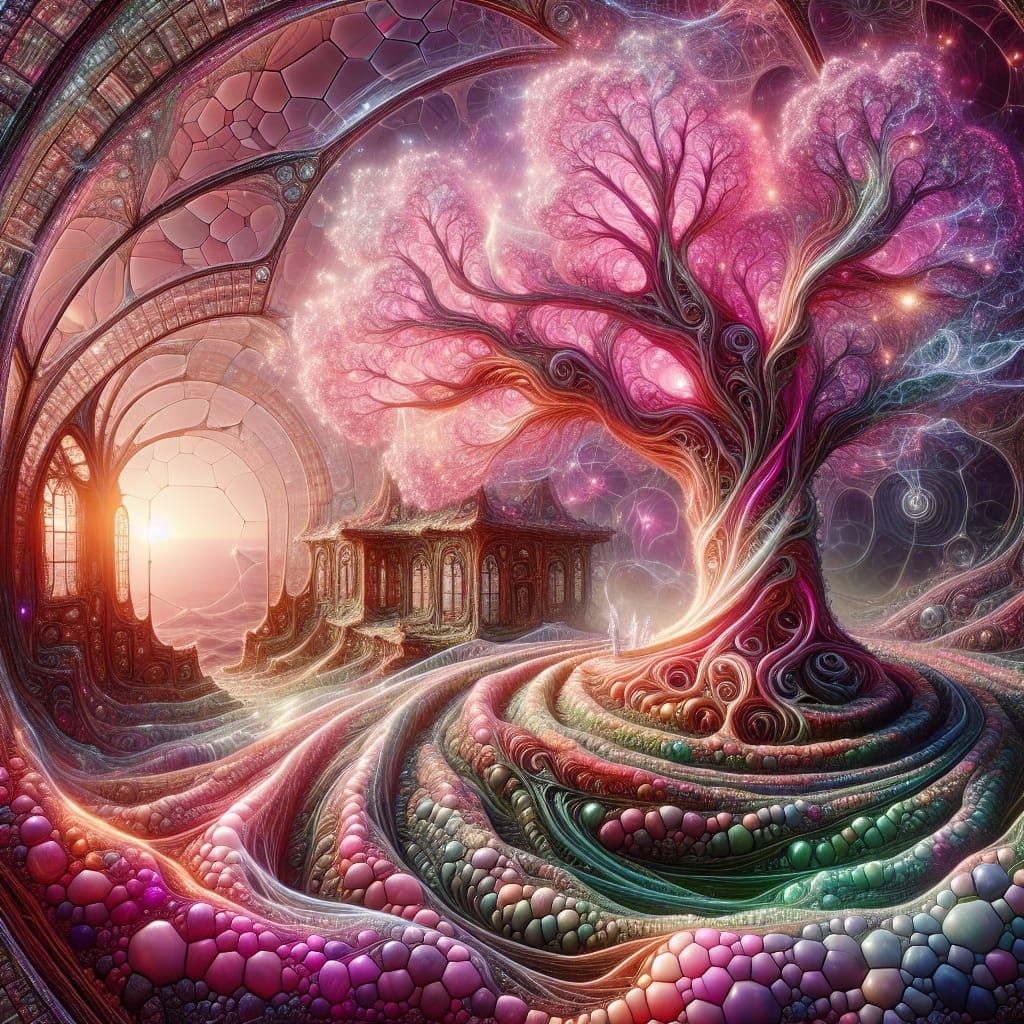 Ethereal Bio-Dome Tree Sanctuary in Iridescent Hues