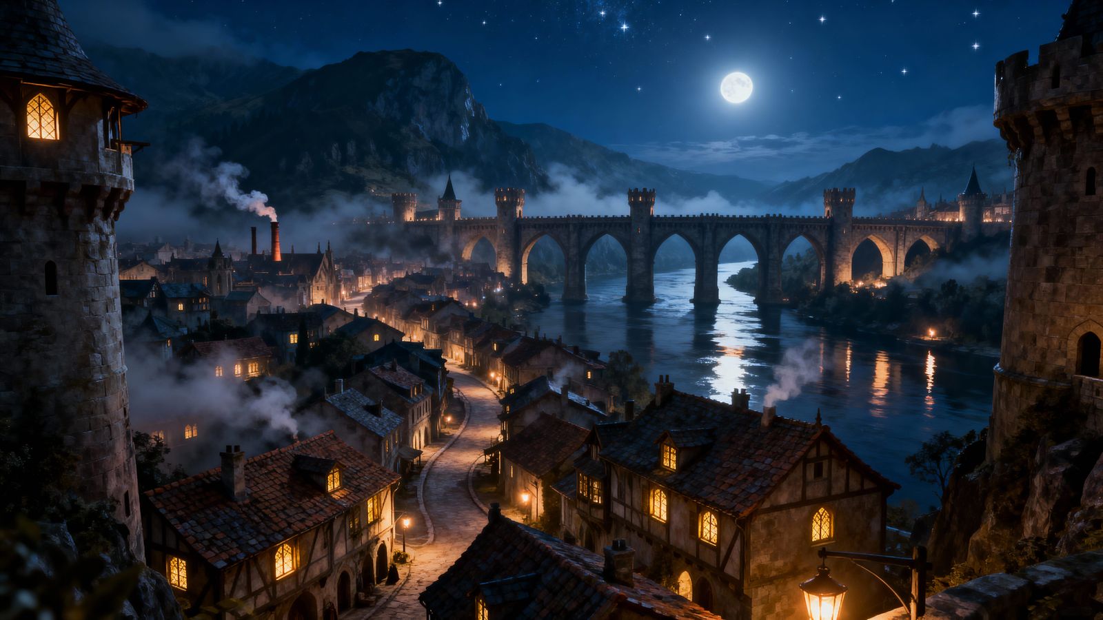 Moonlit Medieval City With Aqueduct Bridge