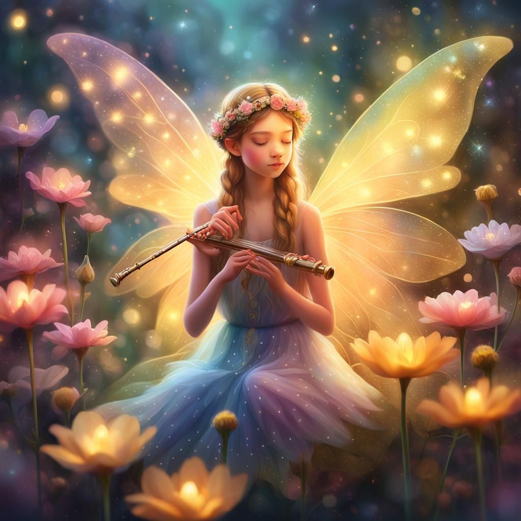 Fairy in Flower with Flute: Whimsical Digital Art
