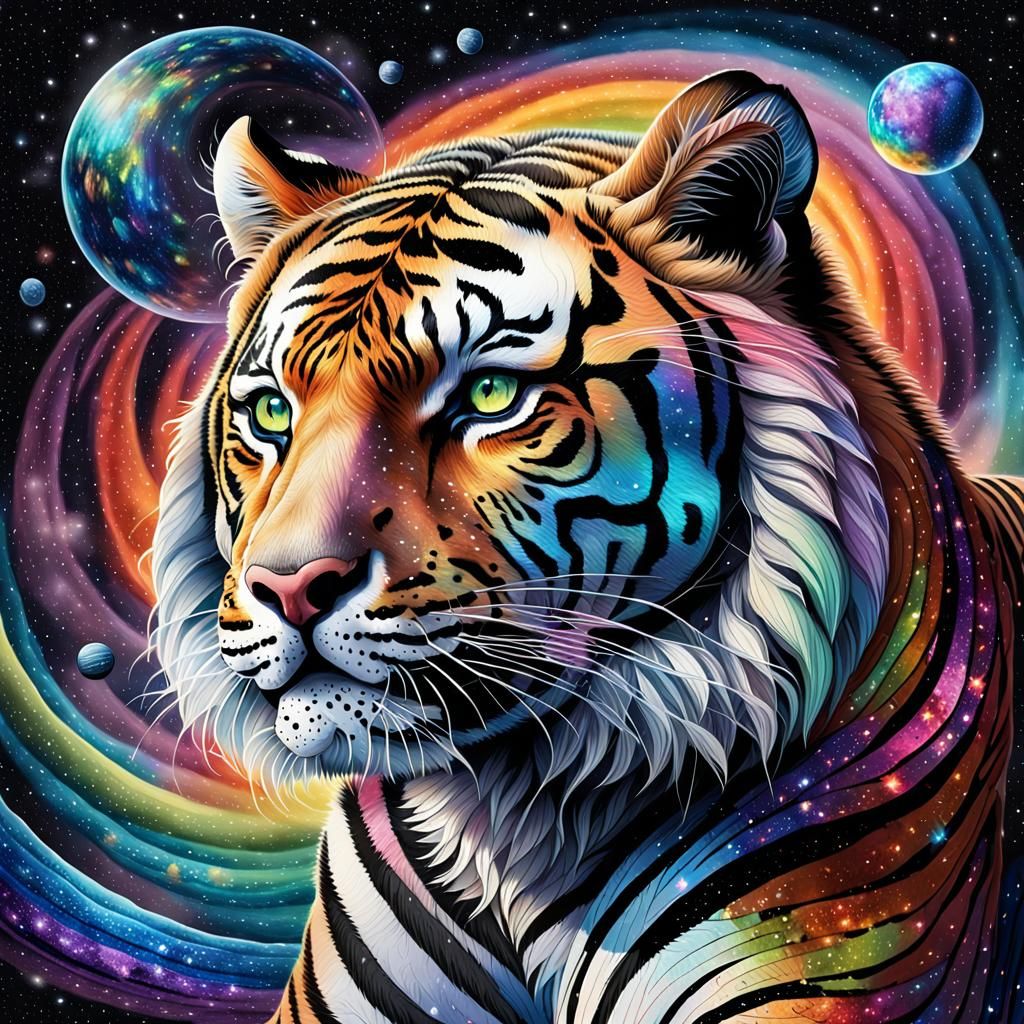 Cosmic Rainbow Tiger Portrait in Mixed Media Style