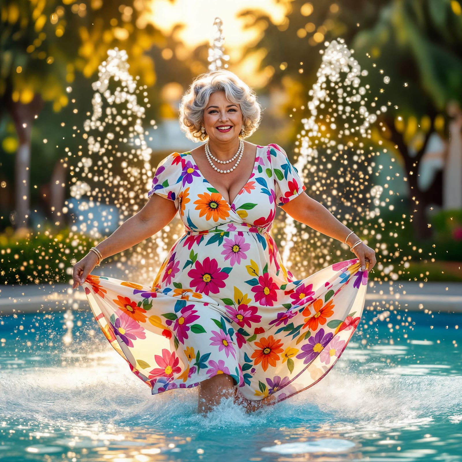 Happy Granny Dances in Fountain of Joy