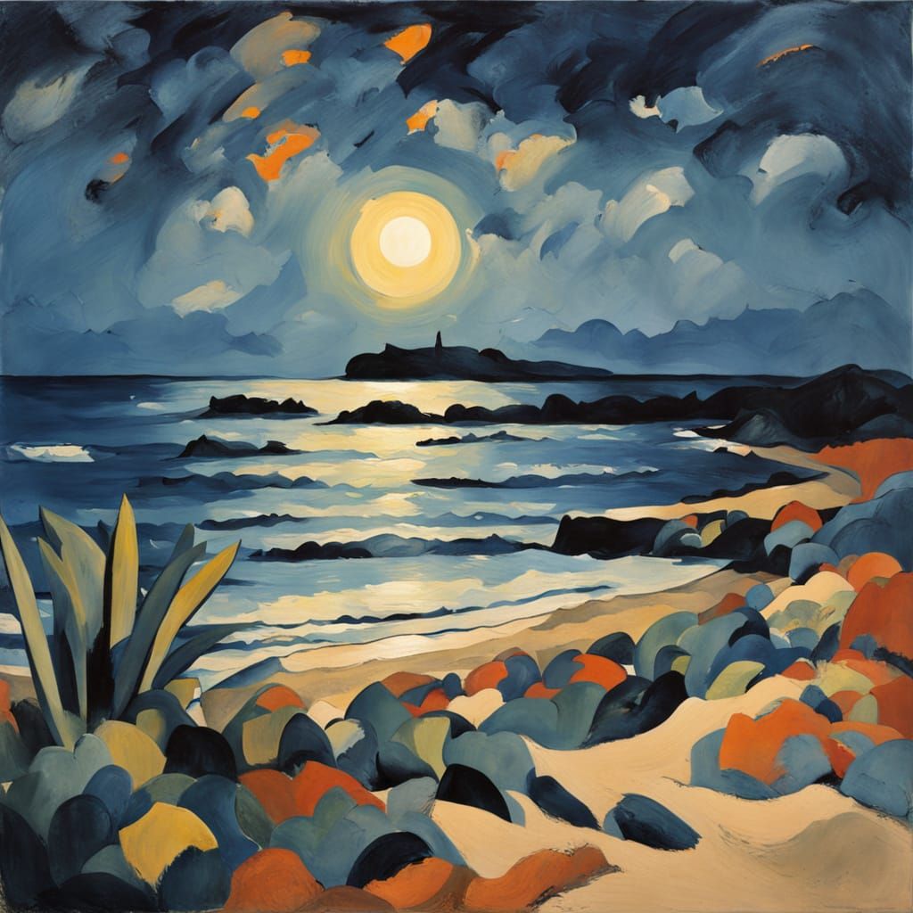 Moonlit Beach Scene in Fauvist Style