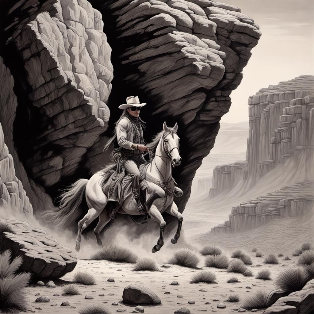 Monochrome Action Painting of The Lone Ranger and Tonto