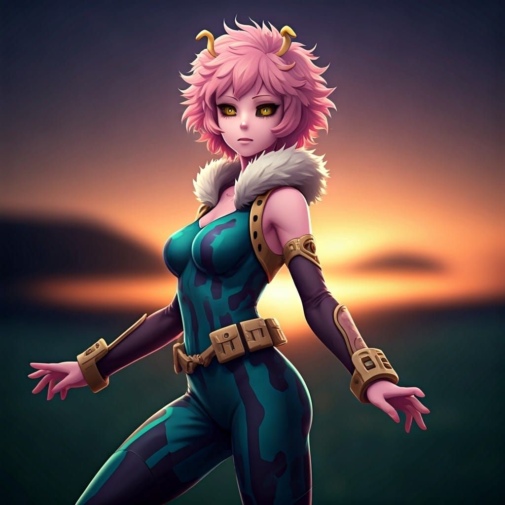 Mina Ashido Heroic Pose in Detailed Anime Style