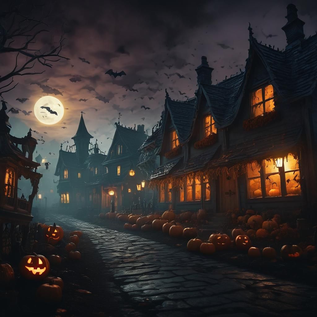 Halloween Village in Dark Fantasy Landscape