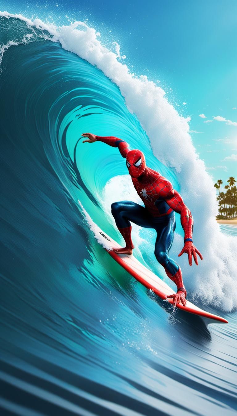 Spiderman Surfing: Hyperrealistic Splash Art