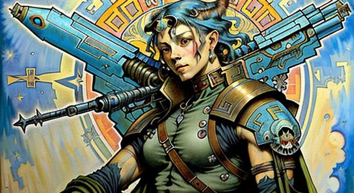 Cosmic Mercenary Battle in Impasto Oil Style