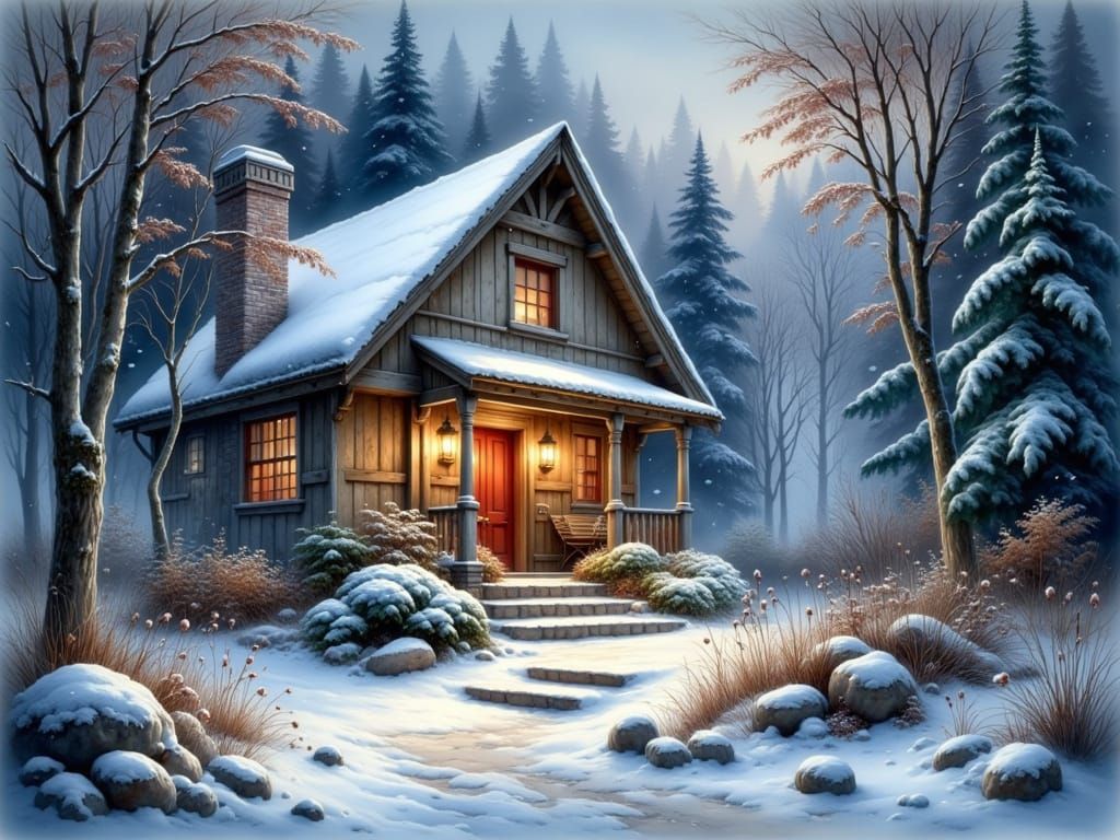 A charming rustic house nestled in a snow-covered forest during winter twilight.