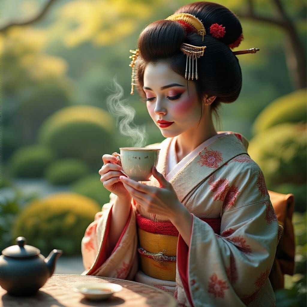 Geisha Sipping Tea in Japanese Garden