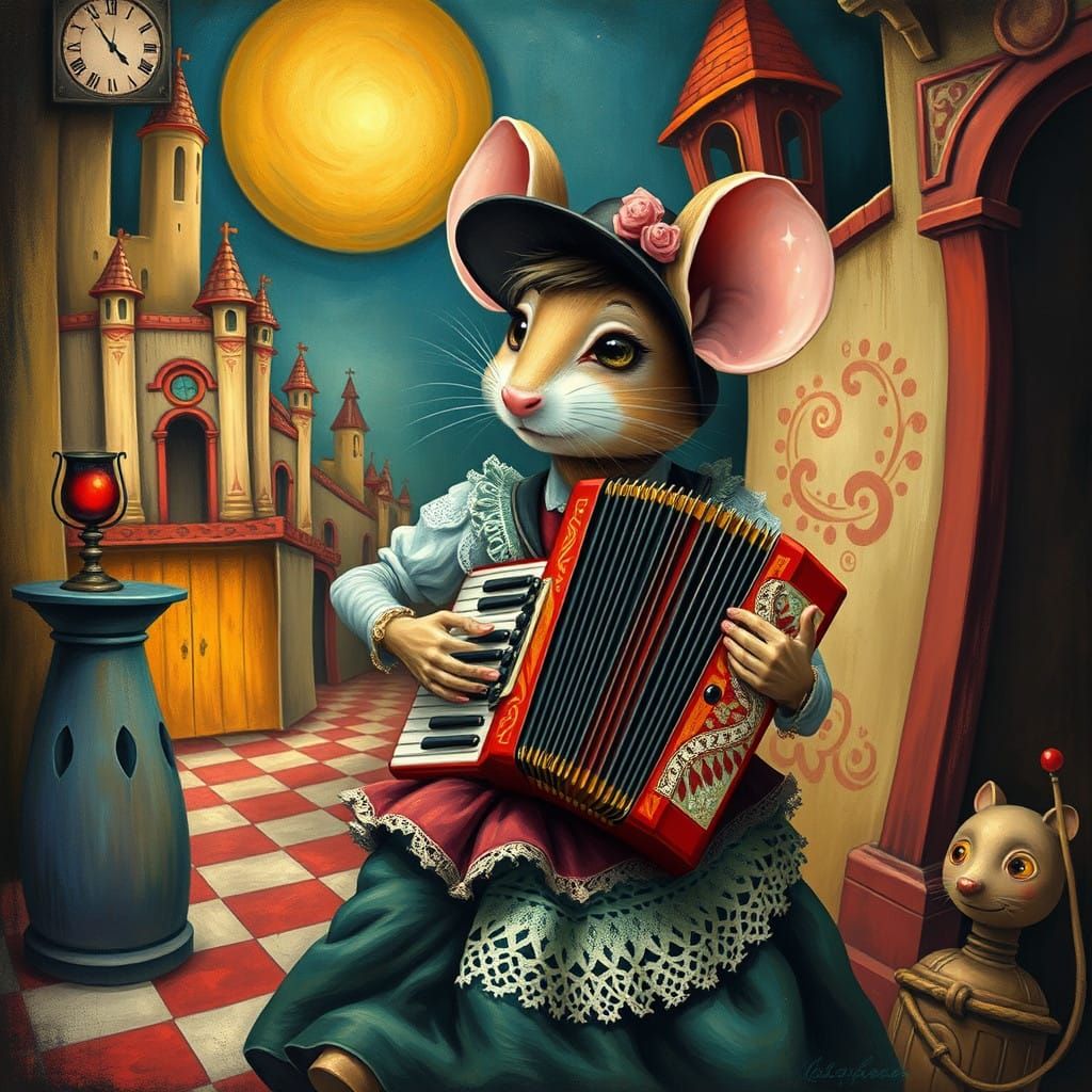 Whimsical Mouse Plays Accordion in Dreamlike Scene