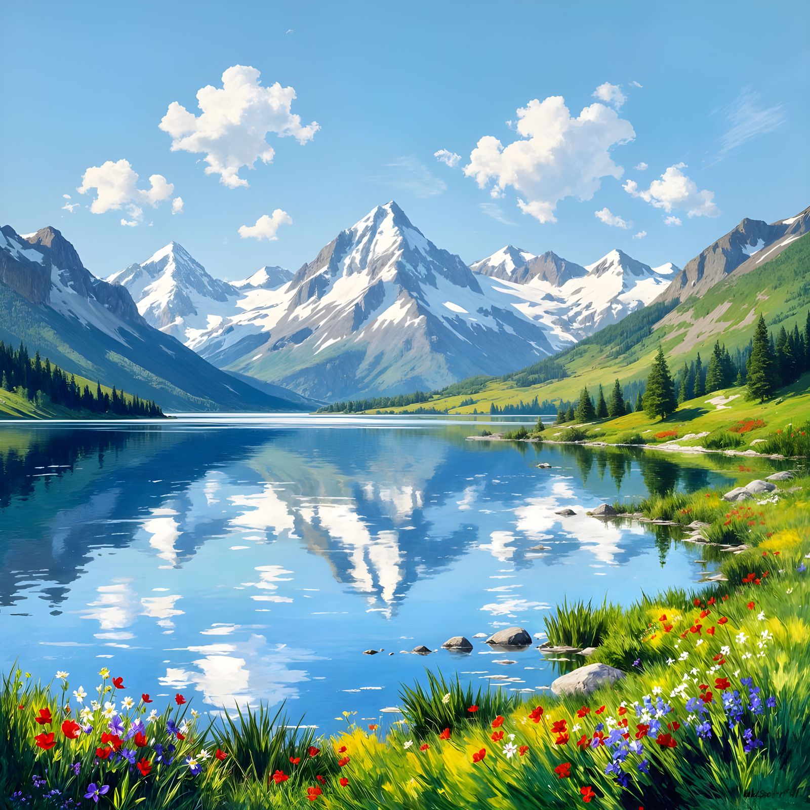 Mountain Lake Reflection: Impressionistic Landscape Painting