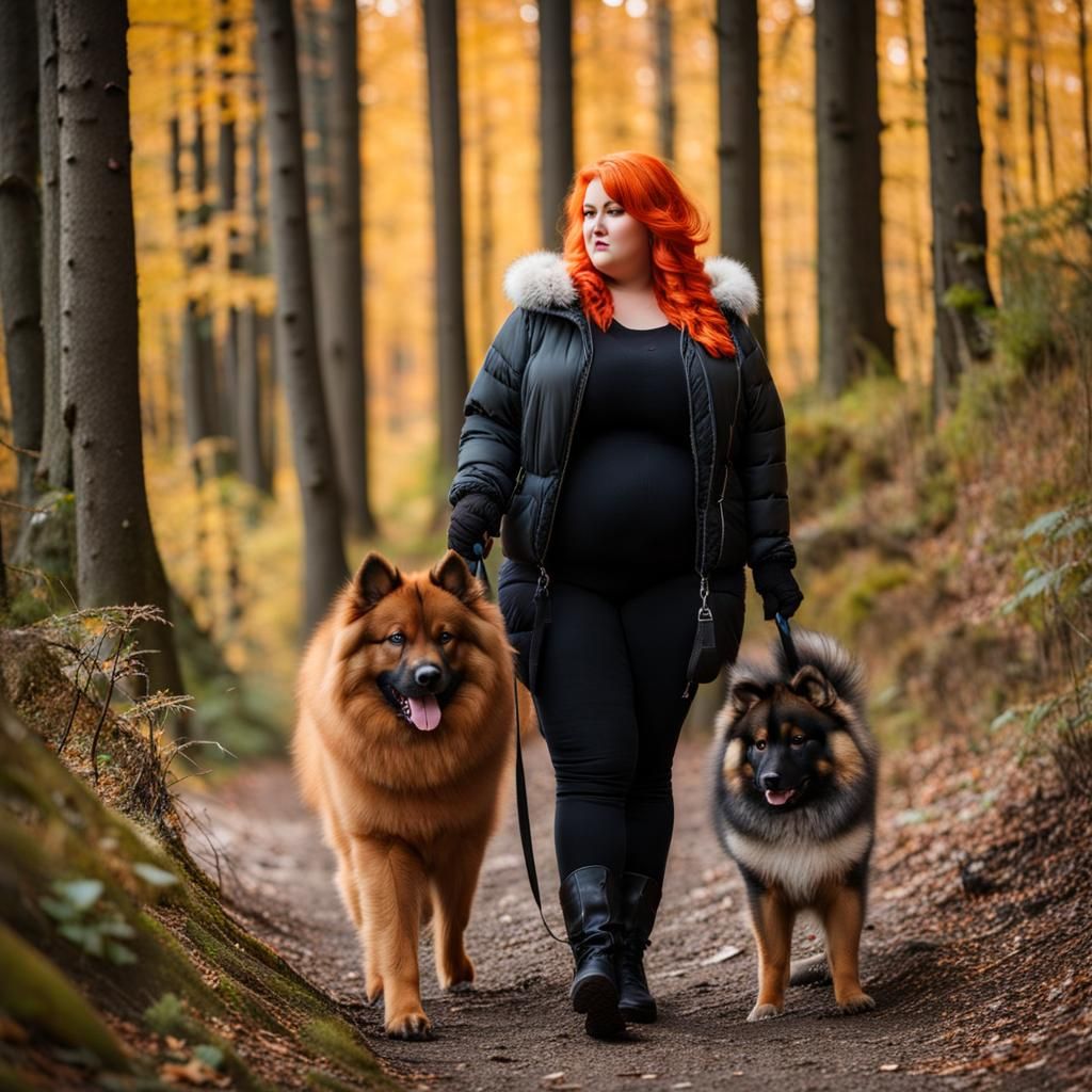 Girl with Dog Walks in Forest