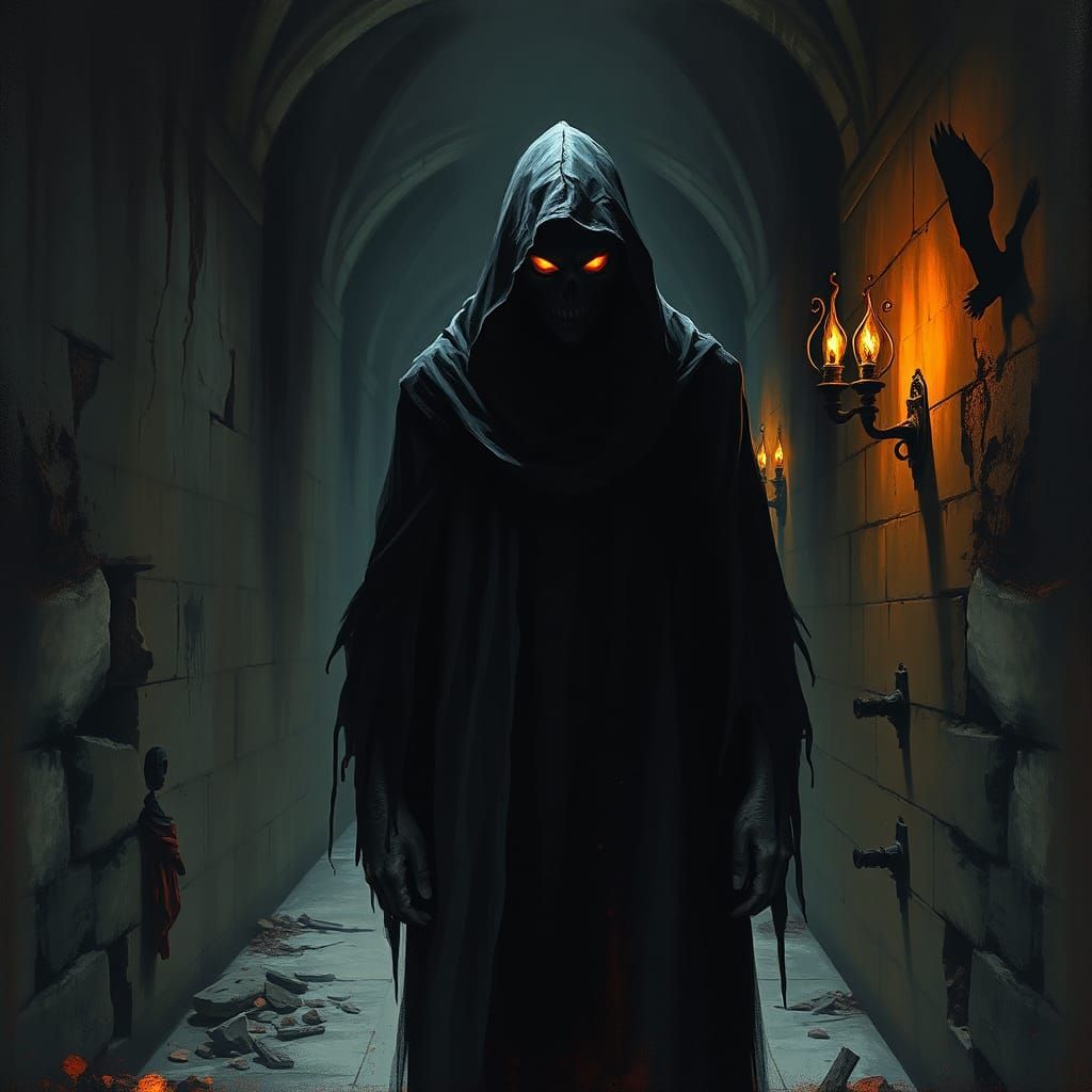 Eerie Hooded Figure in Abandoned Corridor