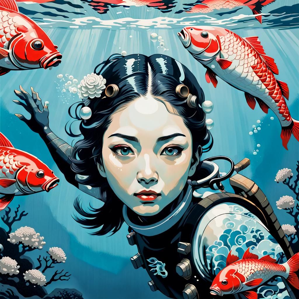 Woman Diver with Fish, Hokusai and Fairey Inspired