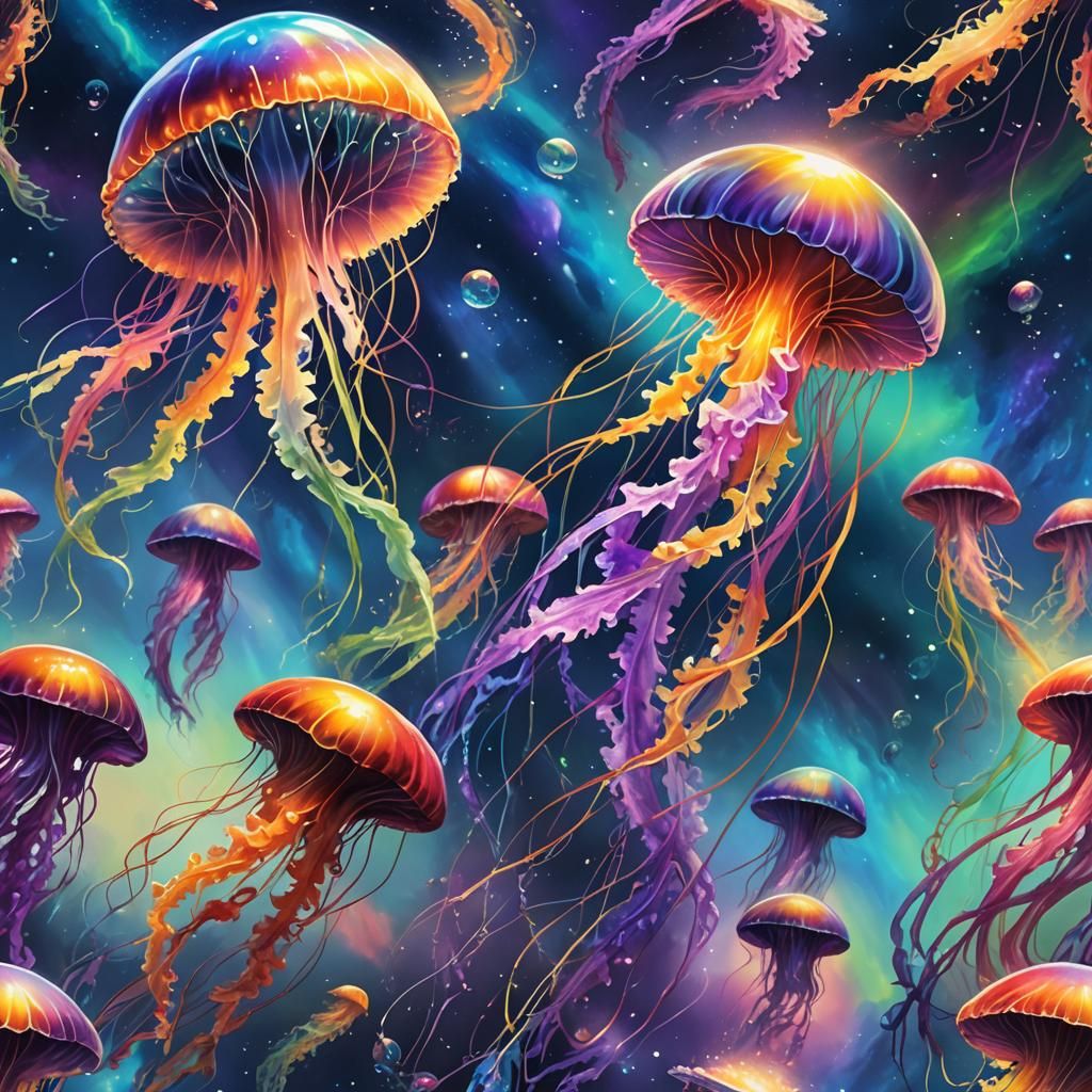 Rainbow Jellyfish in Cosmic Aurora, Digital Oil Painting