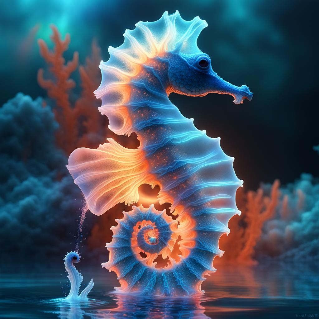 Bioluminescent Seahorse in Coral Reef: Digital Art