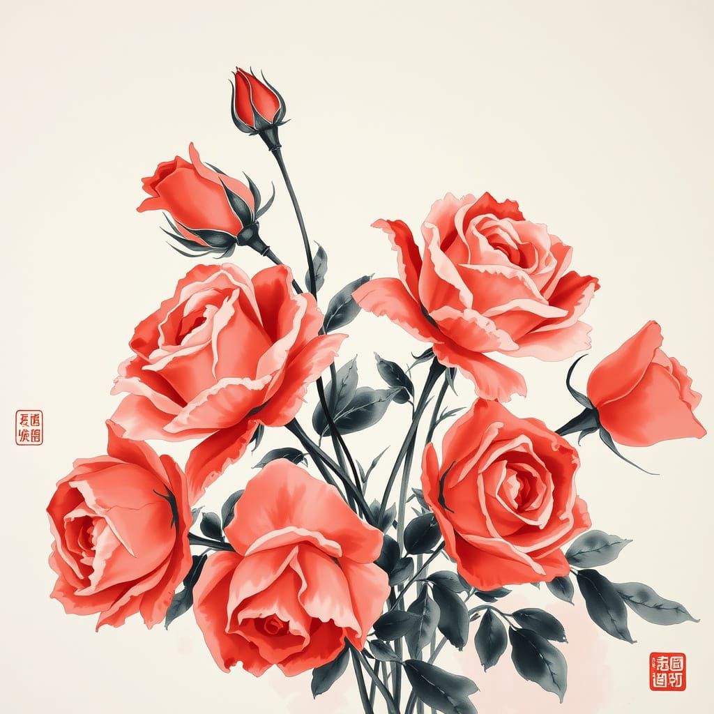 Red Roses in Traditional Chinese Ink Painting Style