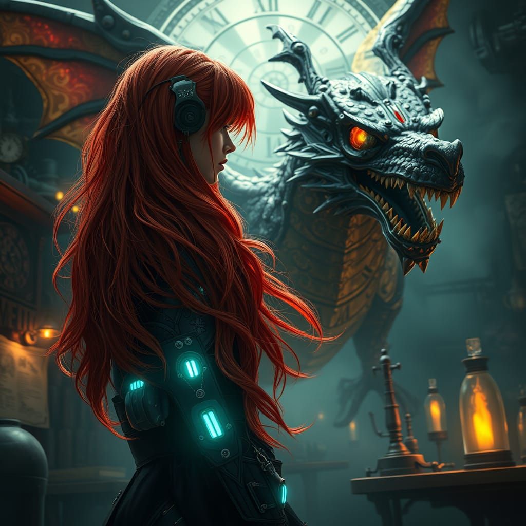 Gothic Artificer with Clockwork Dragon, in Dark Fantasy Styl...