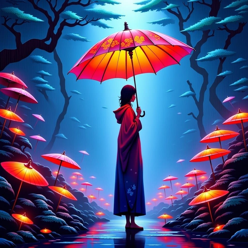 Luminescent Forest Traveler with Glowing Umbrella
