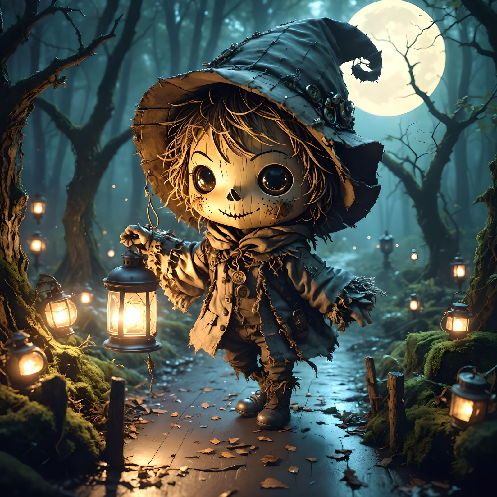 Chibi Scarecrow Illuminates Dark Forest with Lantern