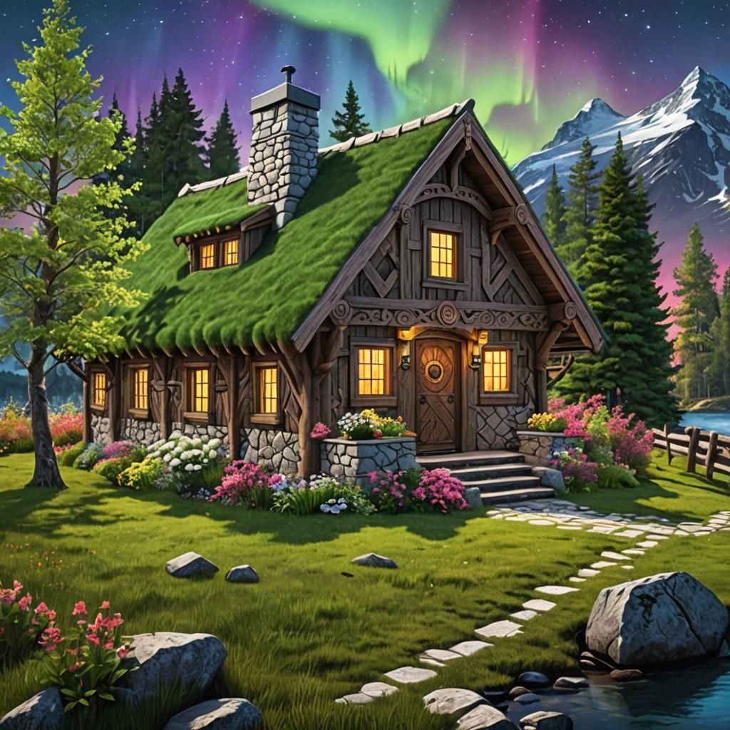 Norse Cottage in Enchanted Forest with Aurora Borealis