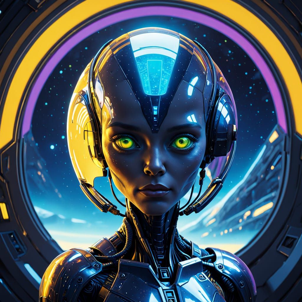 Cyborg Goddess in Neon-lit Spacecraft