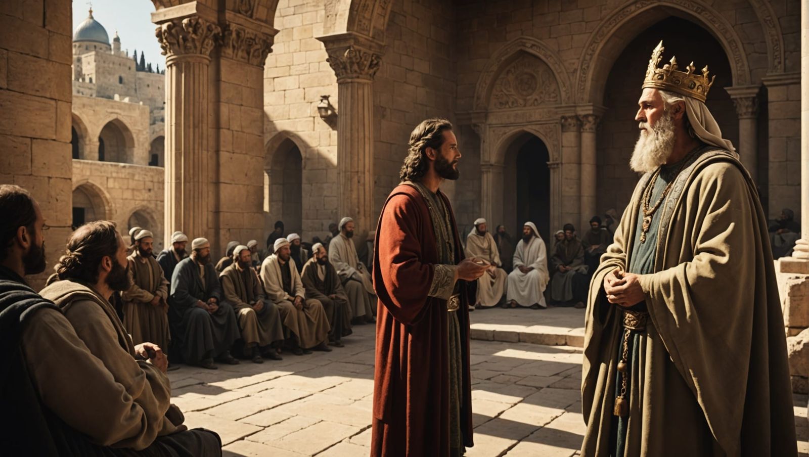 a realistic image of the prophet Elijah speaking to King Aha...