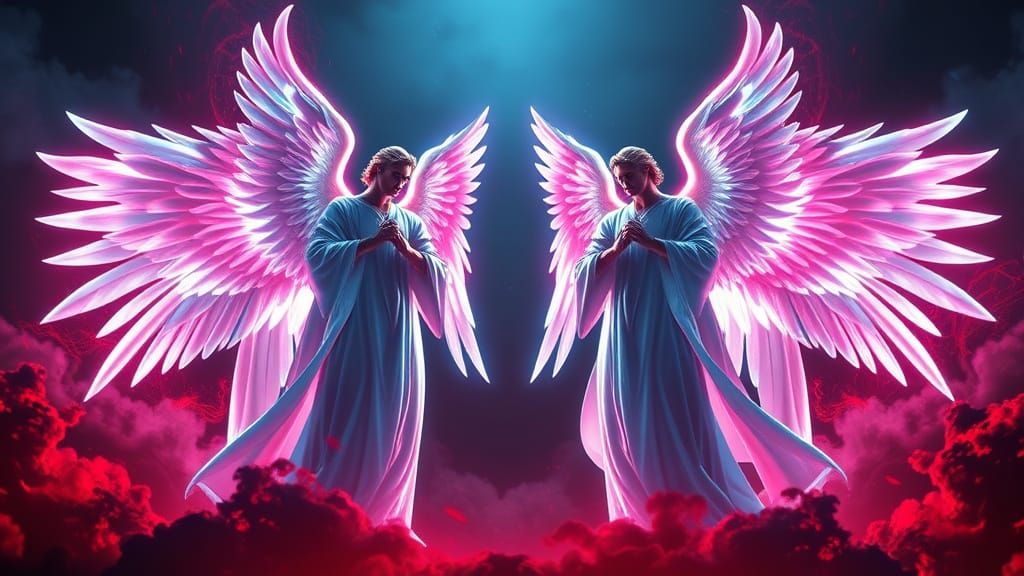 Majestic Archangels Stand Guard in Neon-Lit Splendor