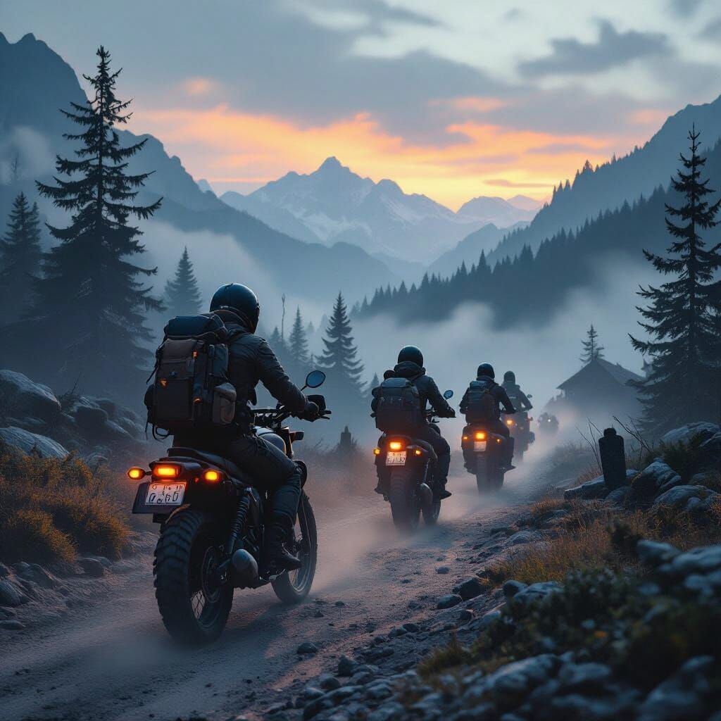 Motorcycle Adventurers in Twilight Landscape, Cinematic Styl...