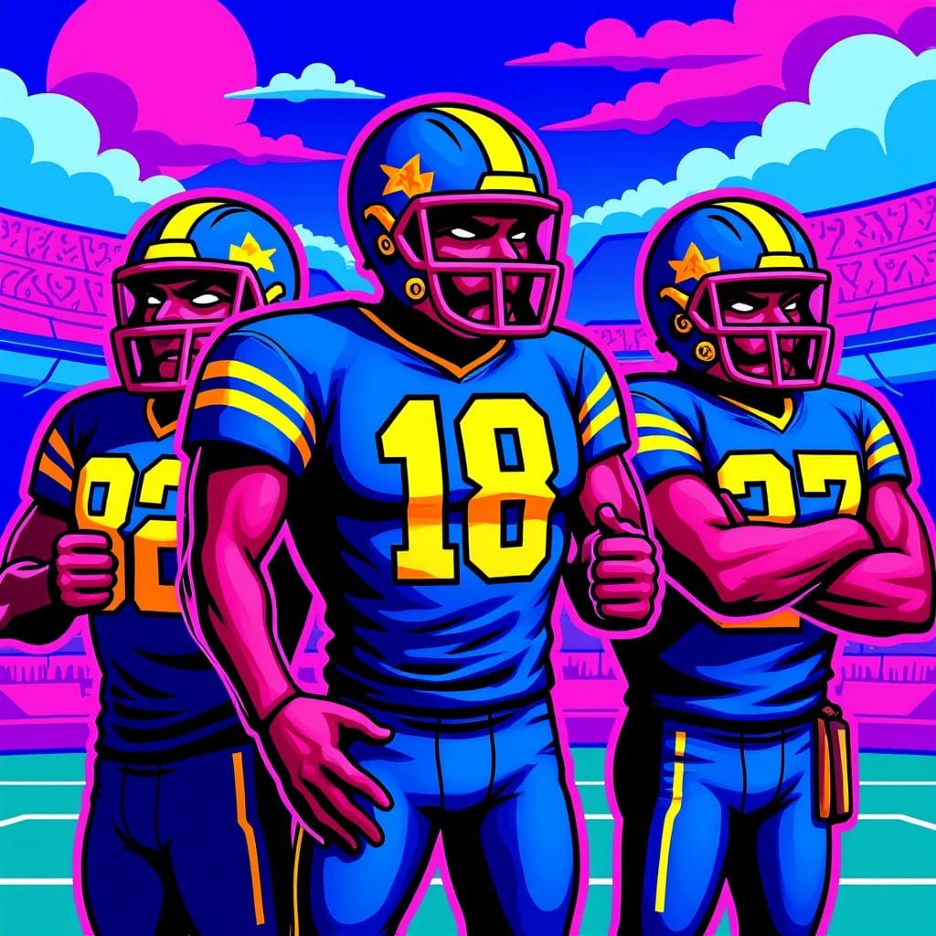 Football Team Poses in Vibrant Futuristic Stadium