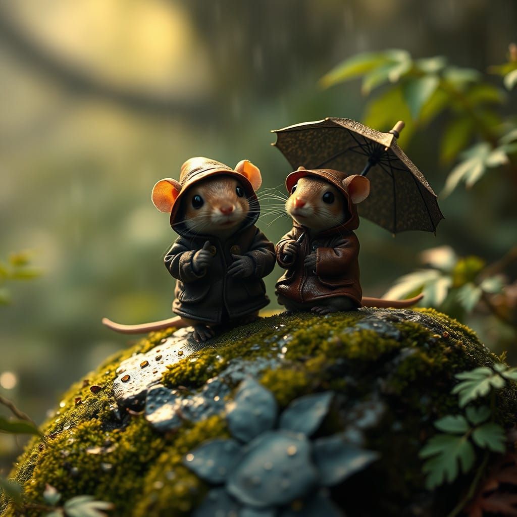 Mice Friends Share Adventure in the Rainy Forest