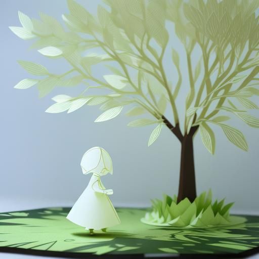 3D Paper Art: Girl with Toy by Swaying Tree