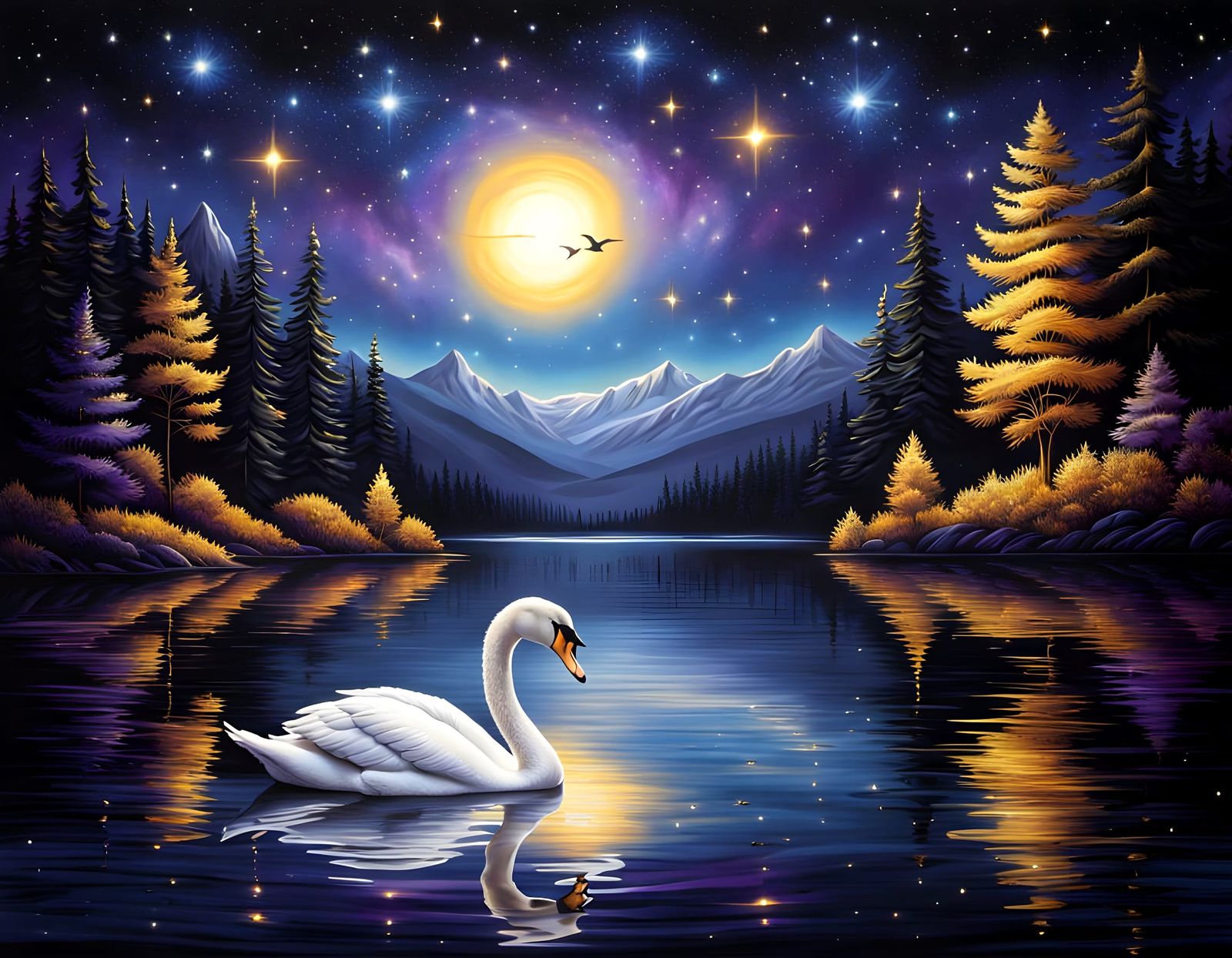 Swan on Starry Lake: Airbrush Fantasy Art
