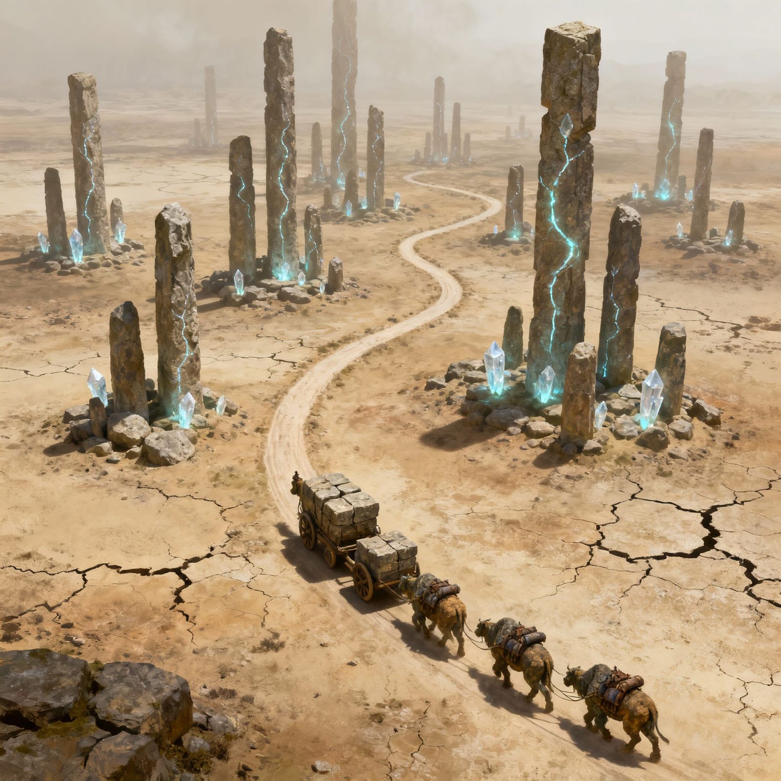 Caravan Through Ancient Stone Pillars in Earth Wasteland