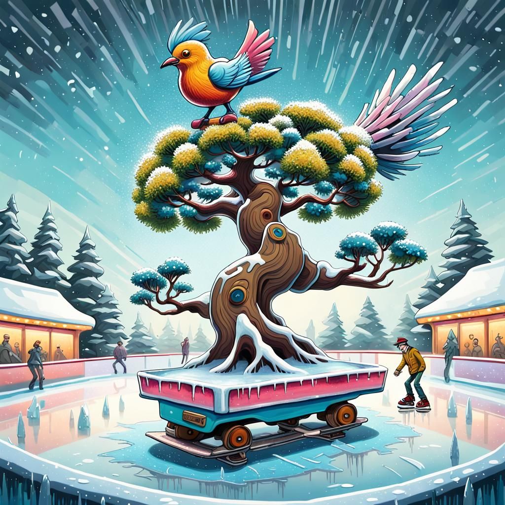 Comedic Pop Surrealism: Bonsai Tree Ice Skating
