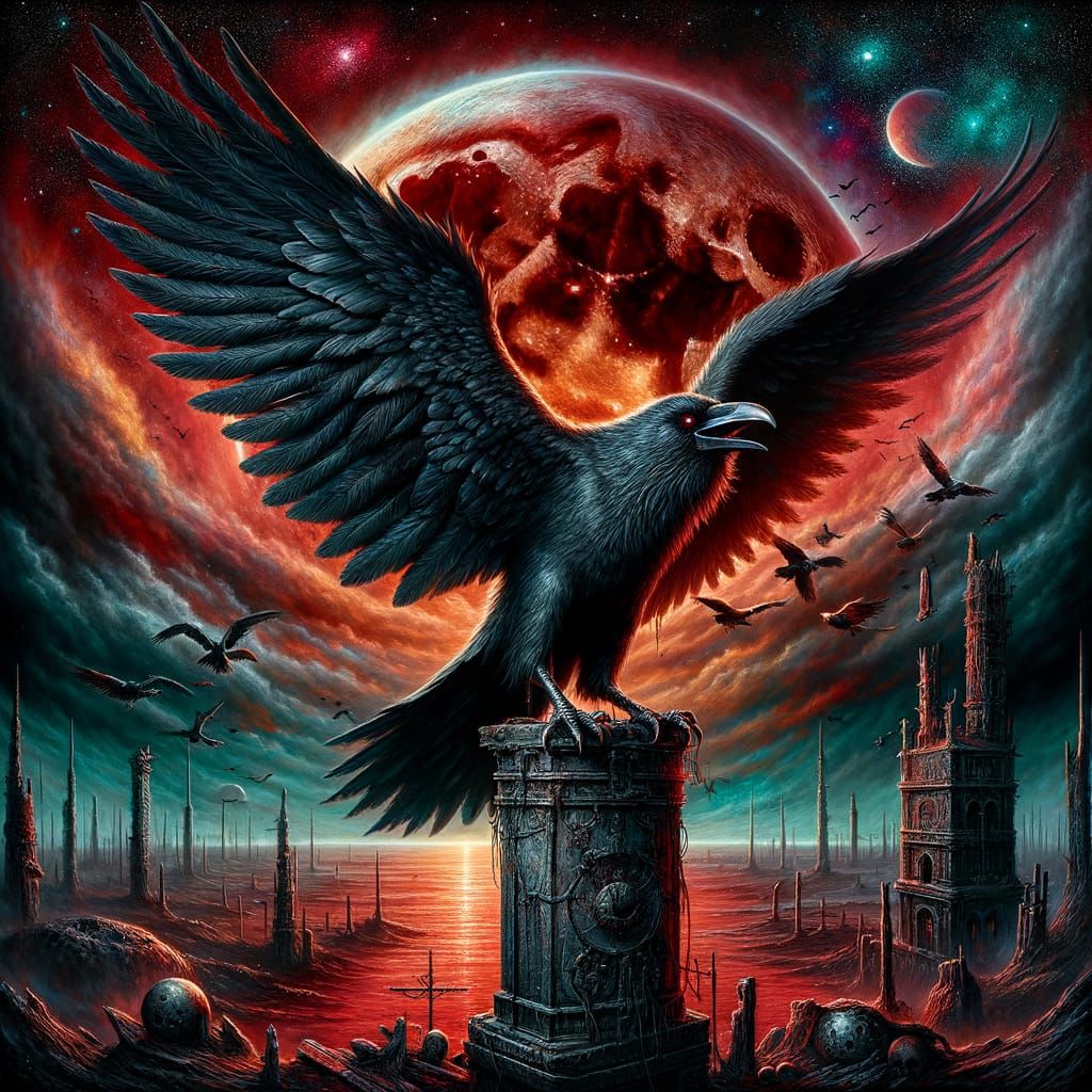 Raven on Desolate Tower Under Blood Moon in Baroque Style