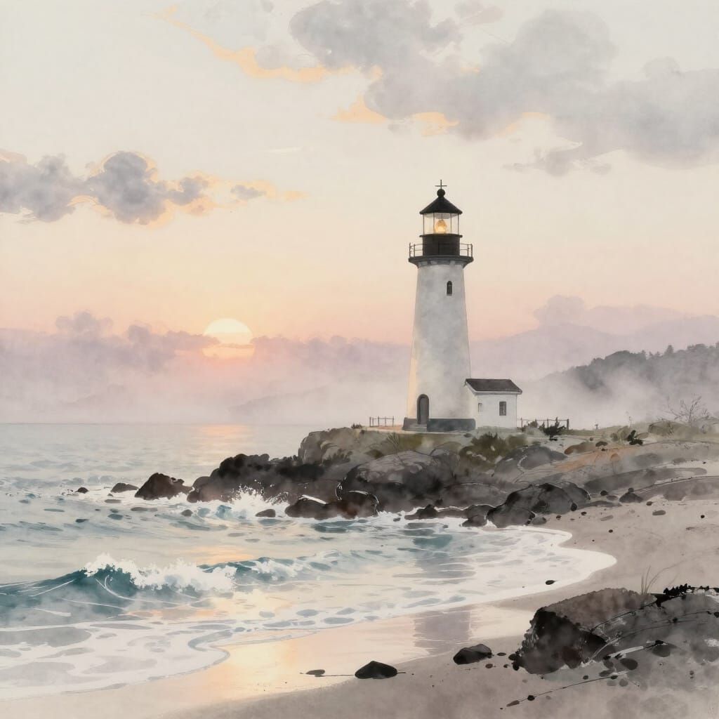 Solitary Lighthouse in Misty Dawn Watercolor