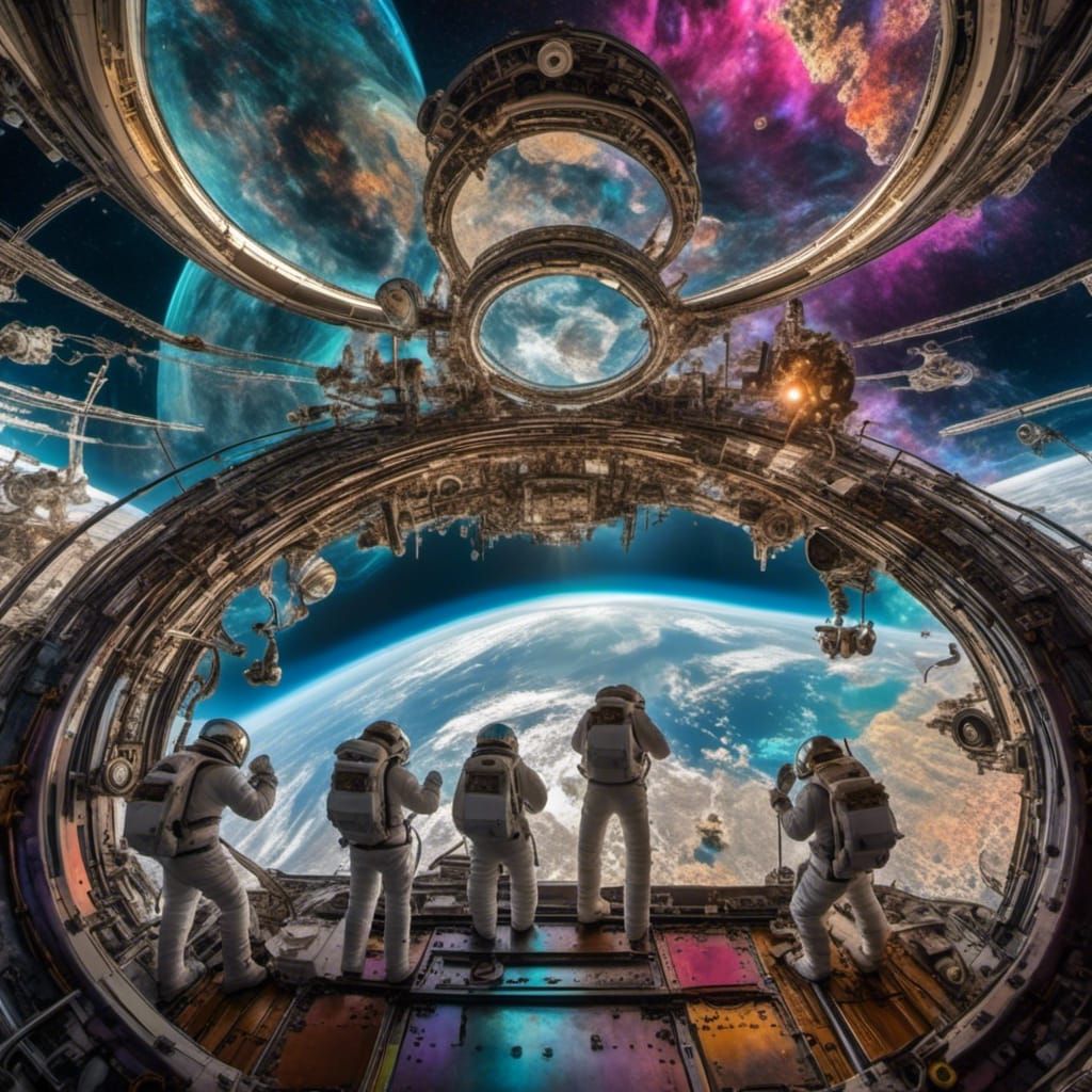 Astronauts Repairing Spaceship in Sparkling Rainbow Space